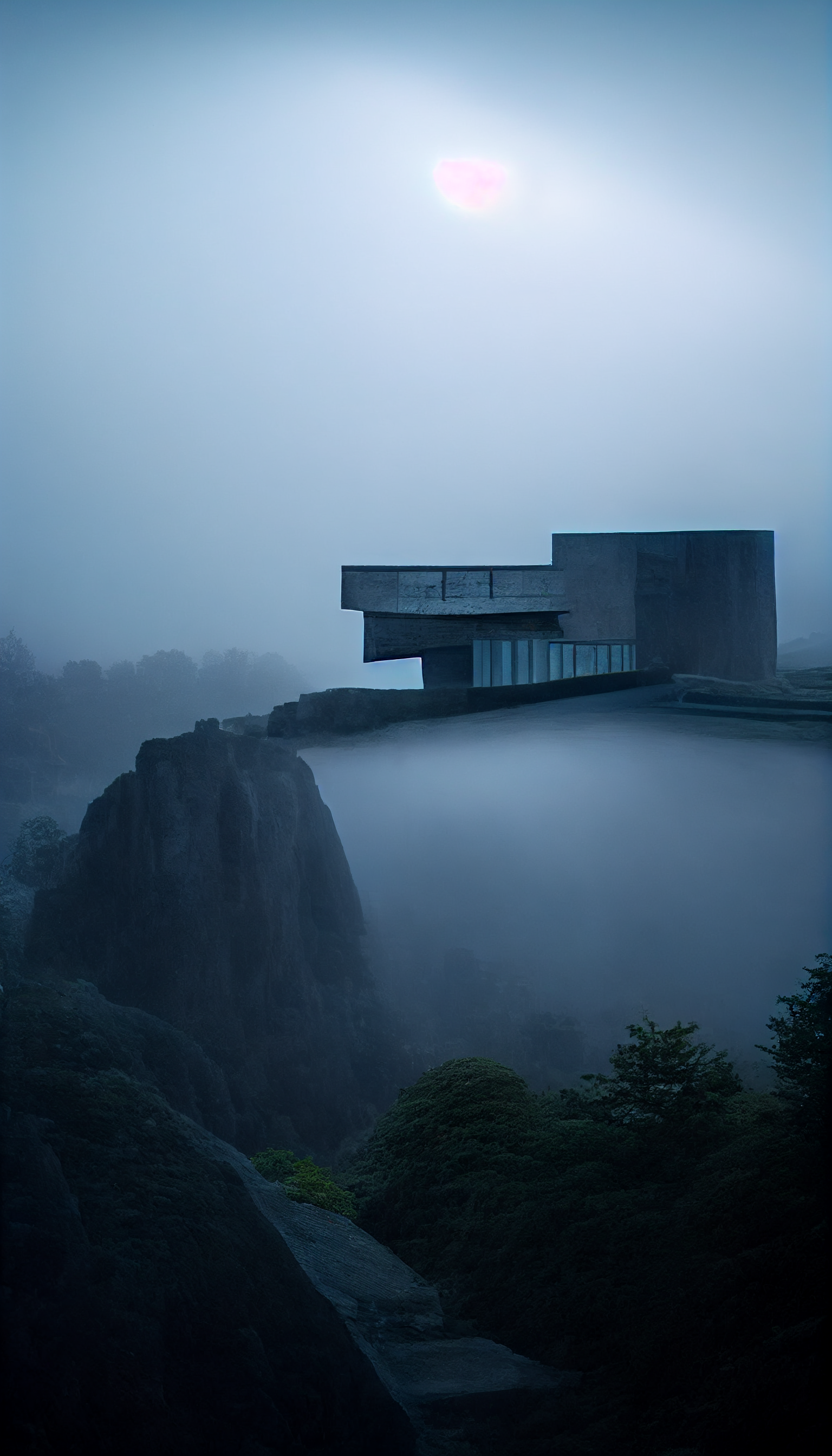 **tadao ando brutalism house on a cliff in the dark surrounded by foggy lights --w 1080 --h 1920 --upbeta --v 3** - Upscaled (Beta) by <@956866923587596328> (fast)
