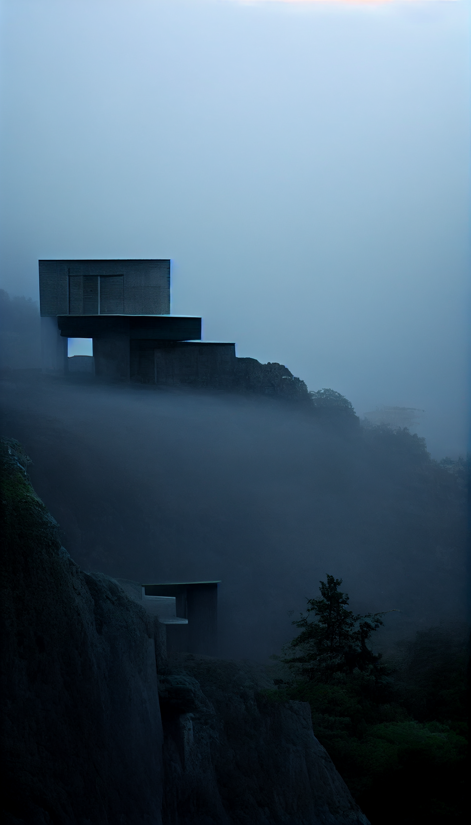 **tadao ando brutalism house on a cliff in the dark surrounded by foggy lights --w 1080 --h 1920 --upbeta --v 3** - Upscaled (Beta) by <@956866923587596328> (fast)