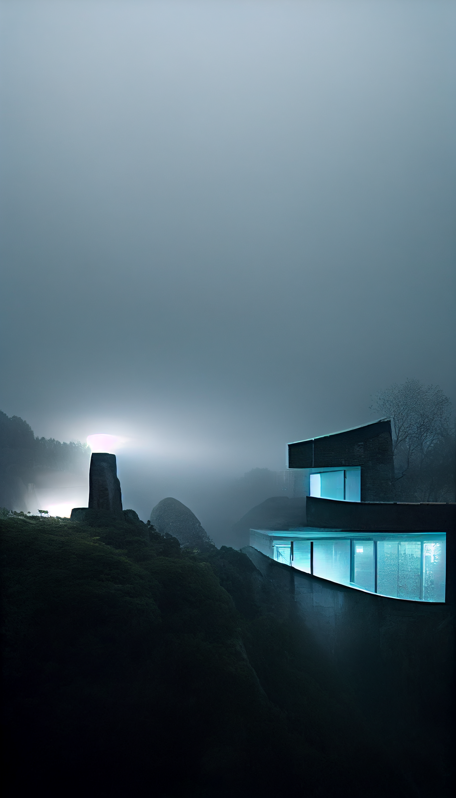 **tadao ando brutalism house on a cliff in the dark surrounded by foggy lights --w 1080 --h 1920 --upbeta --v 3** - Upscaled (Beta) by <@956866923587596328> (fast)