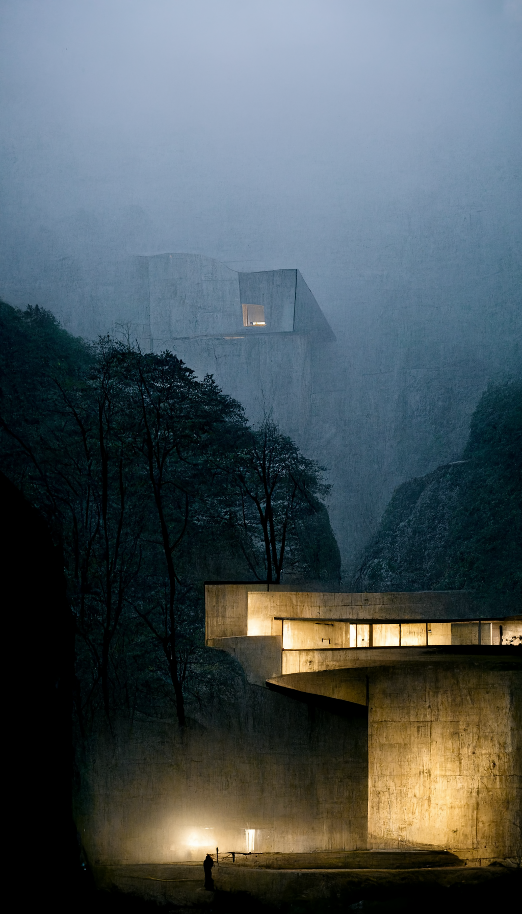 **tadao ando brutalism house on a cliff in the dark surrounded by foggy lights --w 1080 --h 1920 --upbeta --v 3** - Upscaled by <@956866923587596328> (fast)