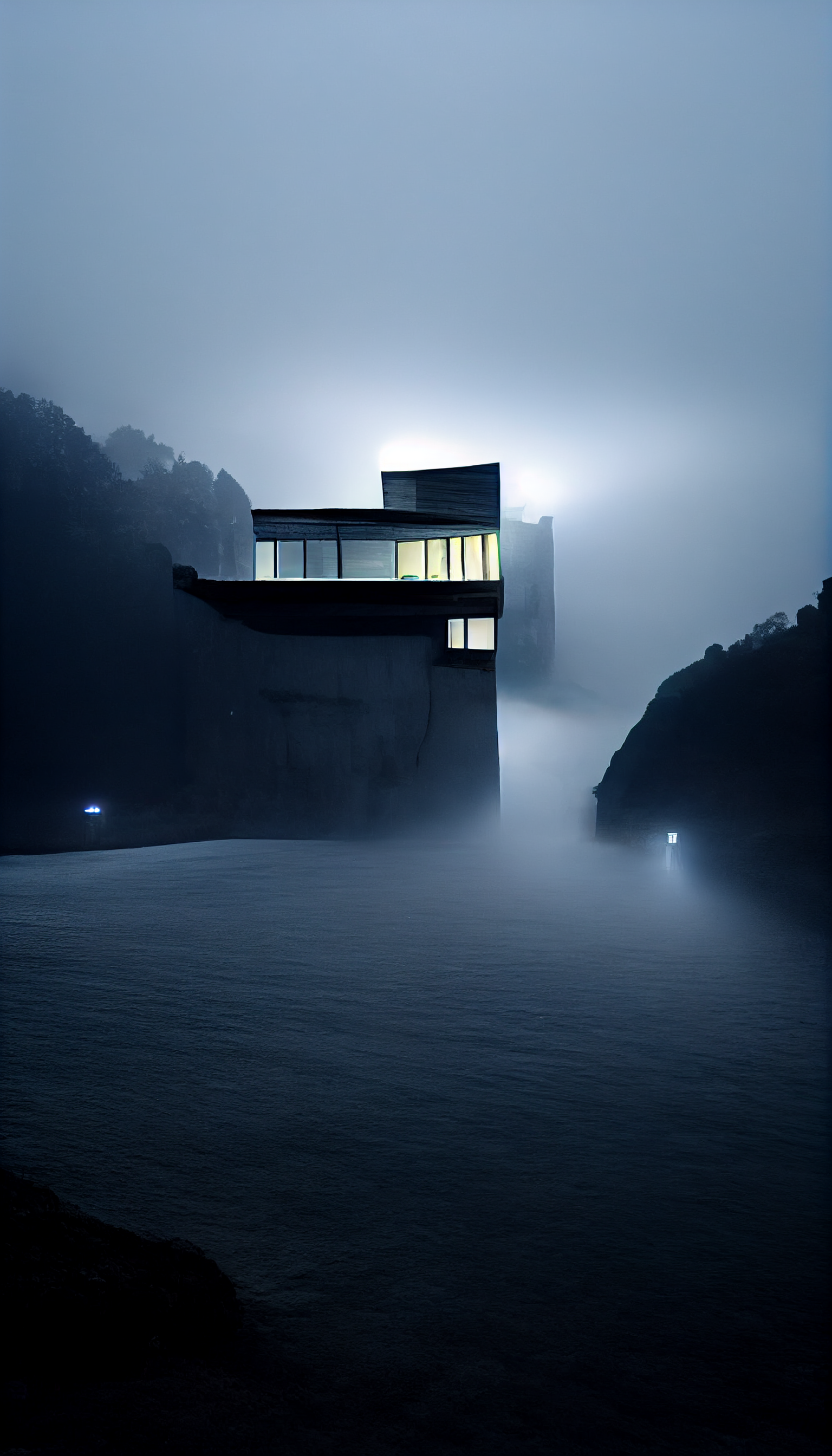**tadao ando brutalism house on a cliff in the dark surrounded by foggy lights --w 1080 --h 1920 --upbeta --v 3** - Upscaled (Beta) by <@956866923587596328> (fast)