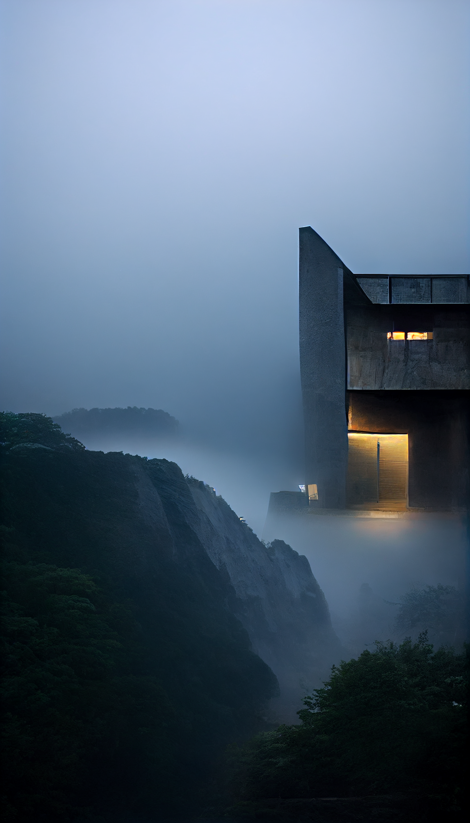 **tadao ando brutalism house on a cliff in the dark surrounded by foggy lights --w 1080 --h 1920 --upbeta --v 3** - Upscaled (Beta) by <@956866923587596328> (fast)