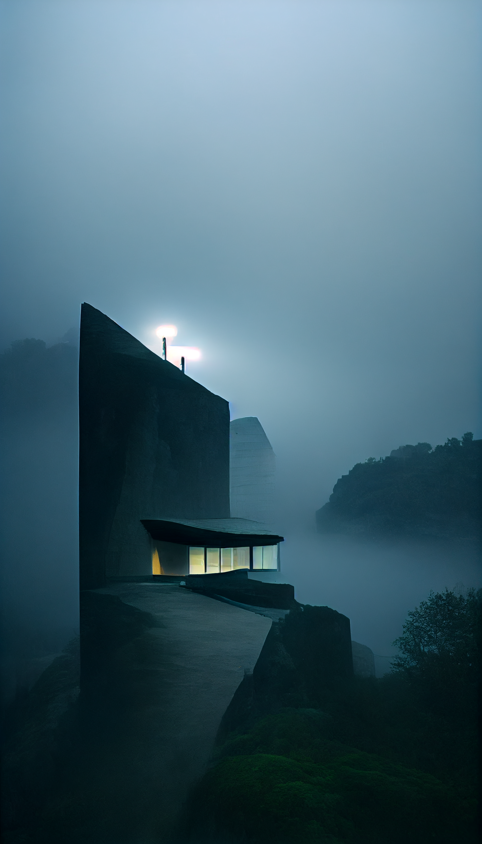 **tadao ando brutalism house on a cliff in the dark surrounded by foggy lights --w 1080 --h 1920 --upbeta --v 3** - Upscaled (Beta) by <@956866923587596328> (fast)