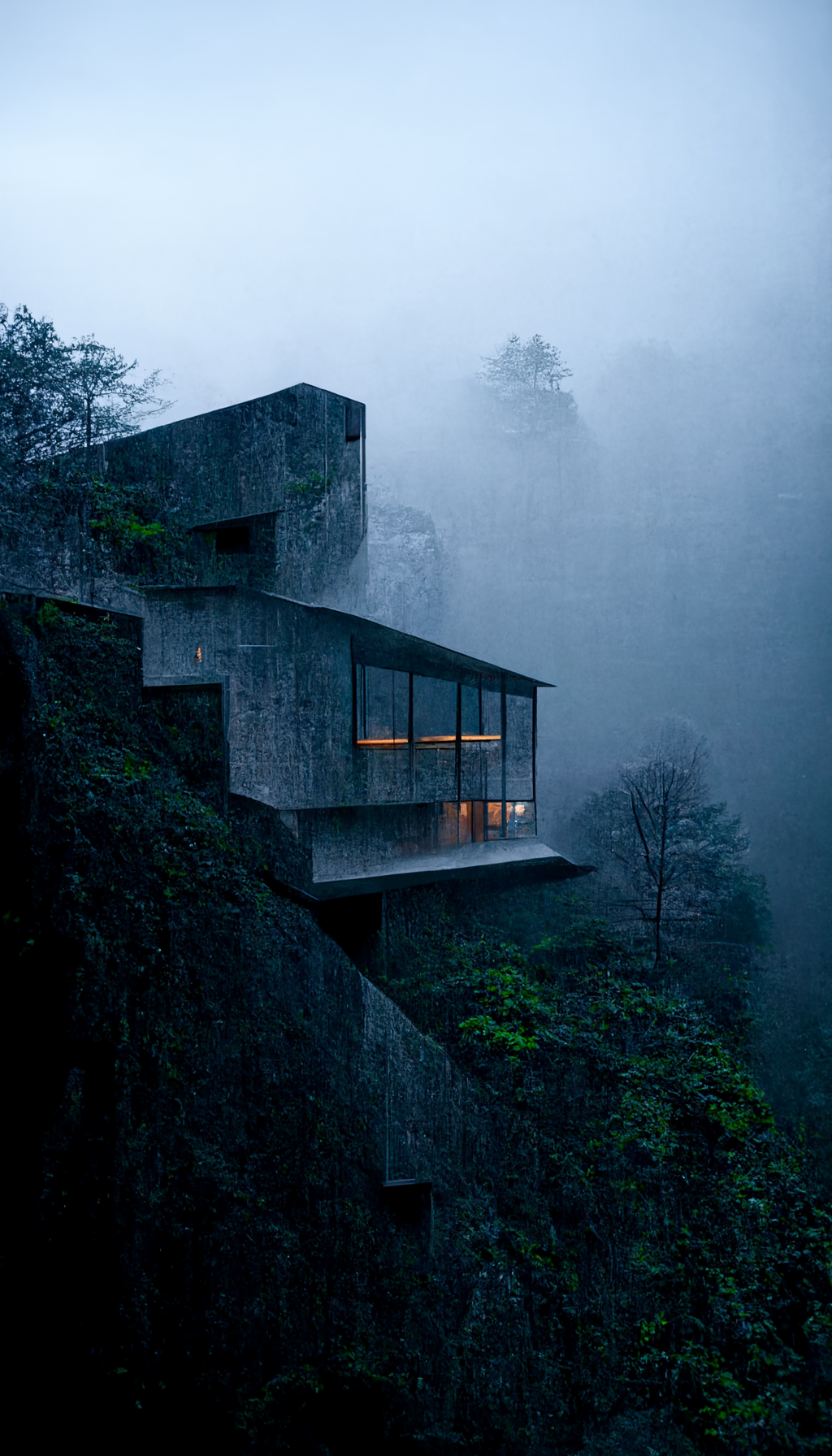 **tadao ando brutalism house on a cliff in the dark surrounded by foggy lights --w 1080 --h 1920 --upbeta --v 3** - Upscaled by <@956866923587596328> (fast)