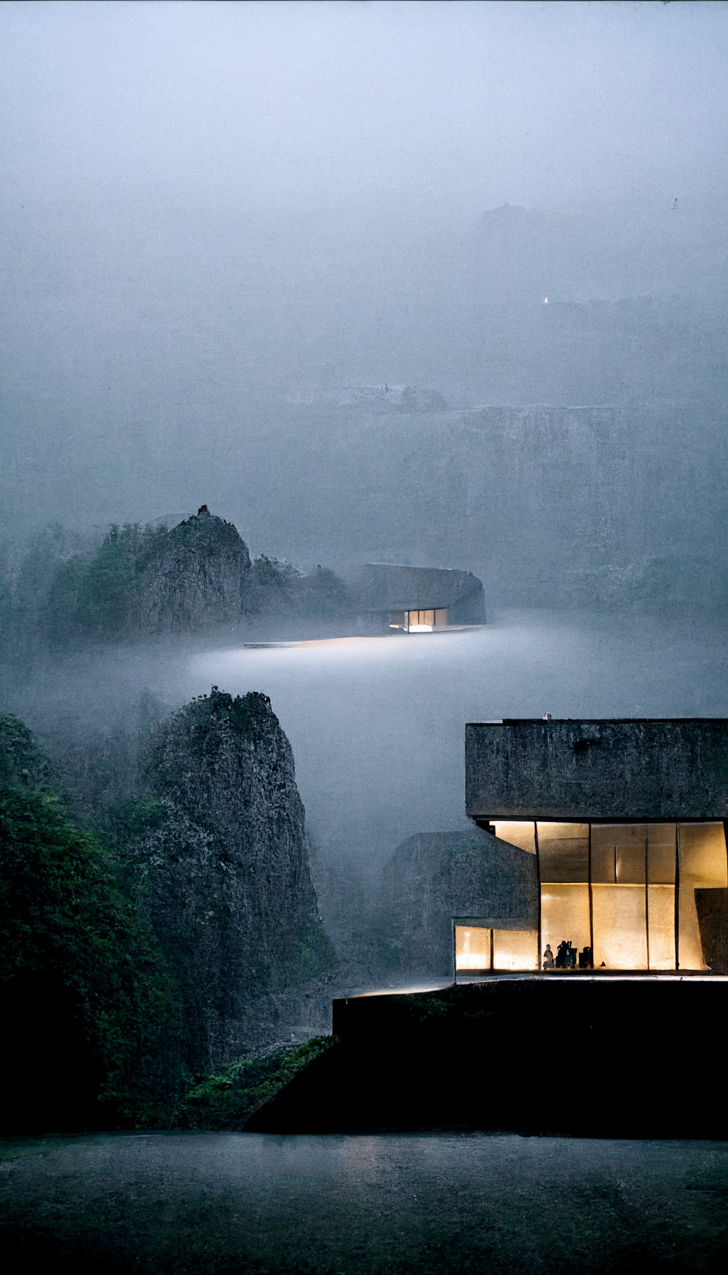 **tadao ando brutalism house on a cliff in the dark surrounded by foggy lights --w 1080 --h 1920 --upbeta --v 3** - Upscaled by <@956866923587596328> (fast)