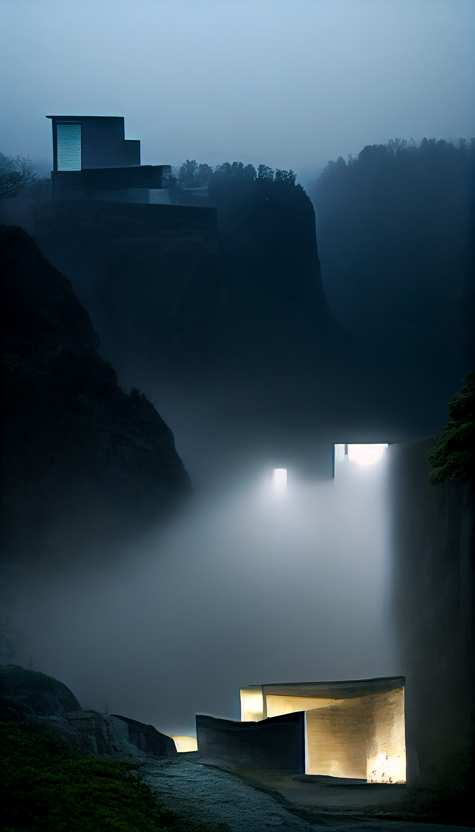 **tadao ando brutalism house on a cliff in the dark surrounded by foggy lights --w 1080 --h 1920 --upbeta --v 3** - Upscaled (Beta) by <@956866923587596328> (fast)