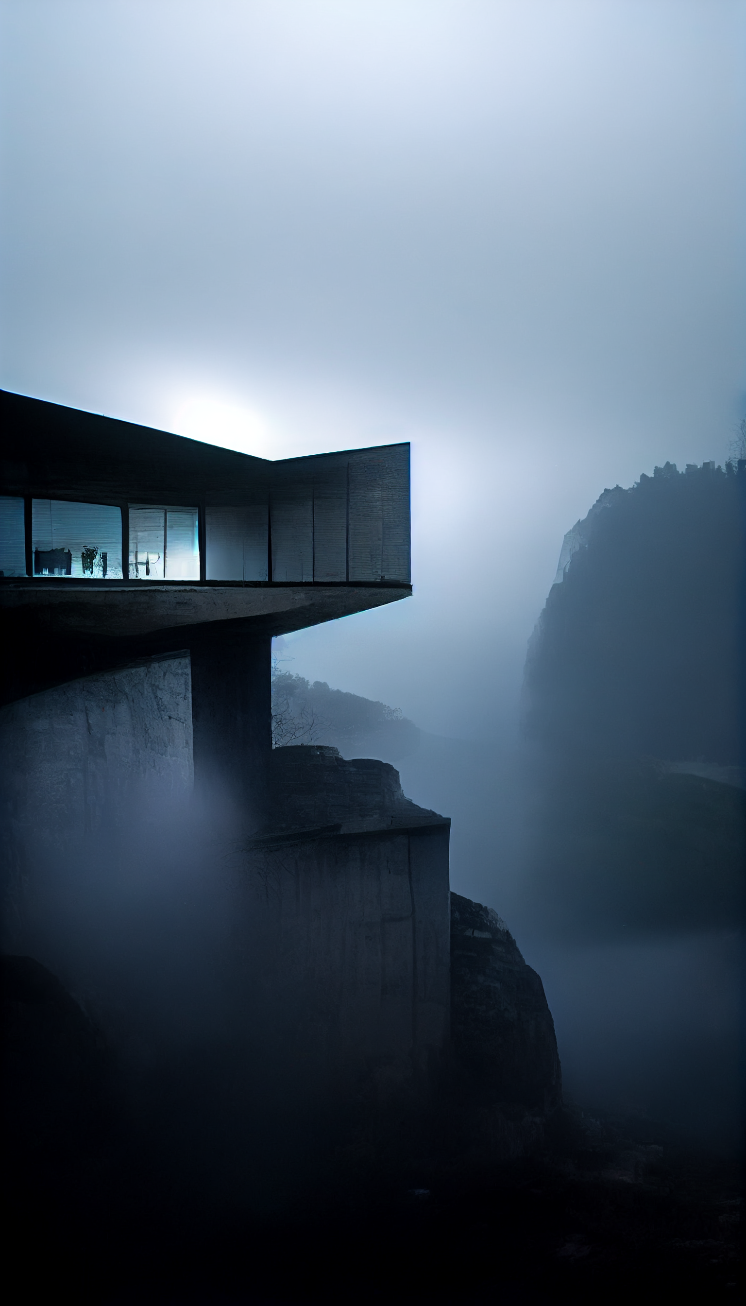 **tadao ando brutalism house on a cliff in the dark surrounded by foggy lights --w 1080 --h 1920 --upbeta --v 3** - Upscaled (Beta) by <@956866923587596328> (fast)