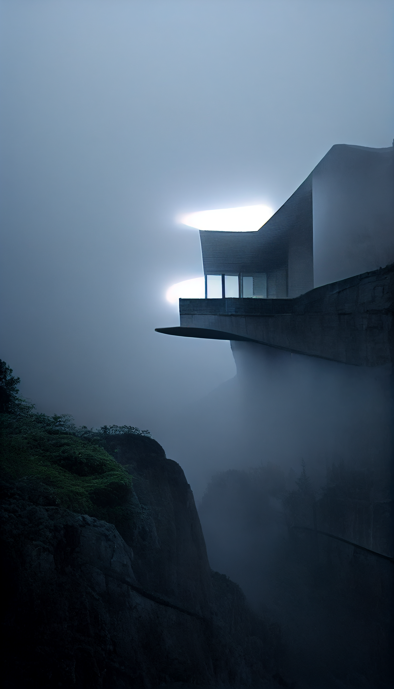 **tadao ando brutalism house on a cliff in the dark surrounded by foggy lights --w 1080 --h 1920 --upbeta --v 3** - Upscaled (Beta) by <@956866923587596328> (fast)