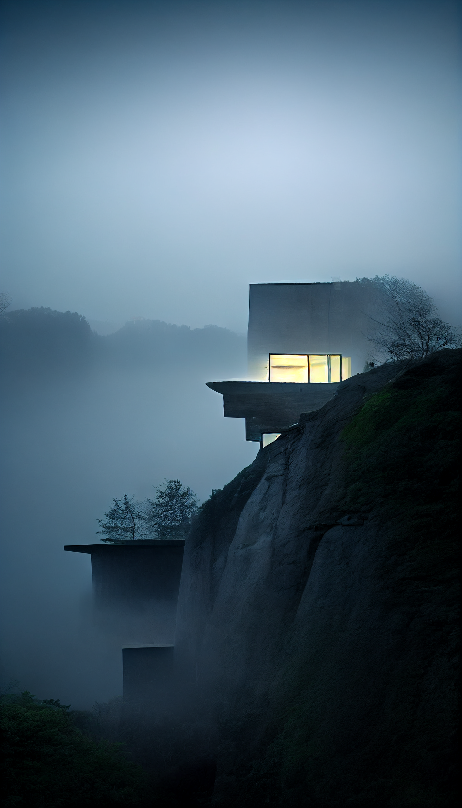 **tadao ando brutalism house on a cliff in the dark surrounded by foggy lights --w 1080 --h 1920 --upbeta --v 3** - Upscaled (Beta) by <@956866923587596328> (fast)