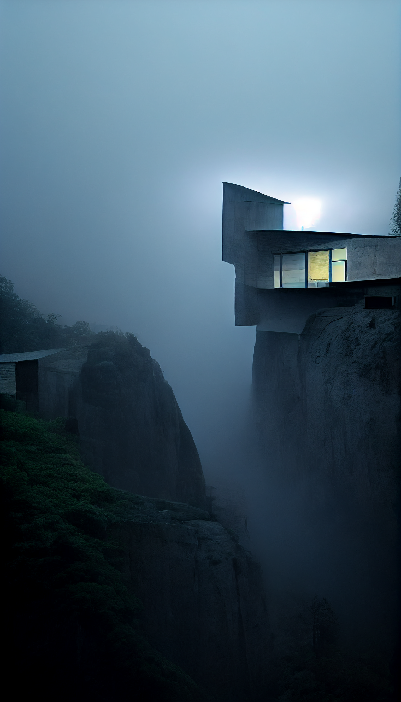 **tadao ando brutalism house on a cliff in the dark surrounded by foggy lights --w 1080 --h 1920 --upbeta --v 3** - Upscaled (Beta) by <@956866923587596328> (fast)