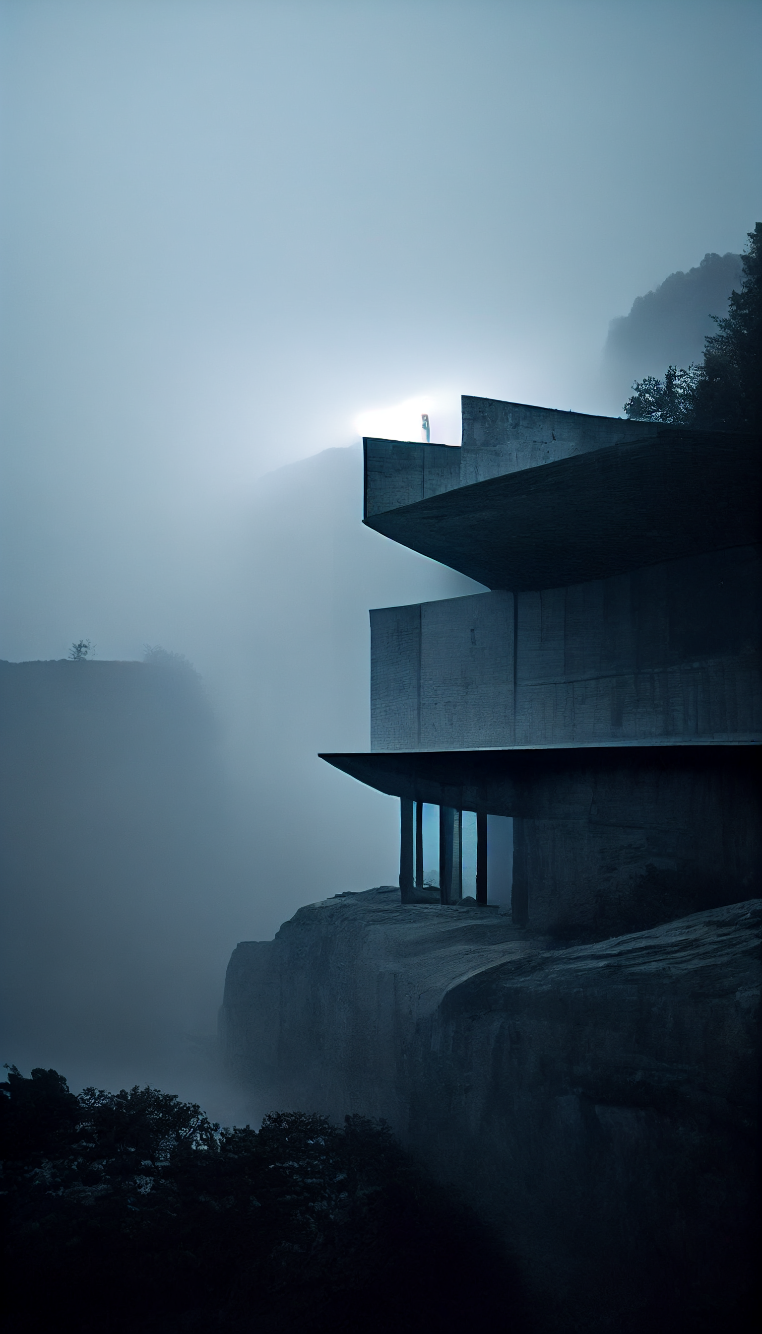 **tadao ando brutalism house on a cliff in the dark surrounded by foggy lights --w 1080 --h 1920 --upbeta --v 3** - Upscaled (Beta) by <@956866923587596328> (fast)