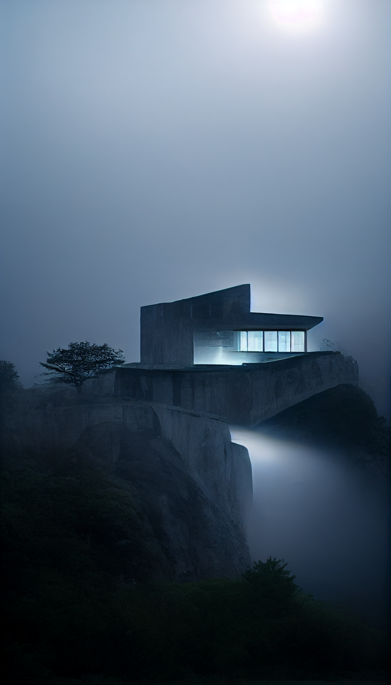 **tadao ando brutalism house on a cliff in the dark surrounded by foggy lights --w 1080 --h 1920 --upbeta** - Upscaled (Beta) by <@956866923587596328> (fast)