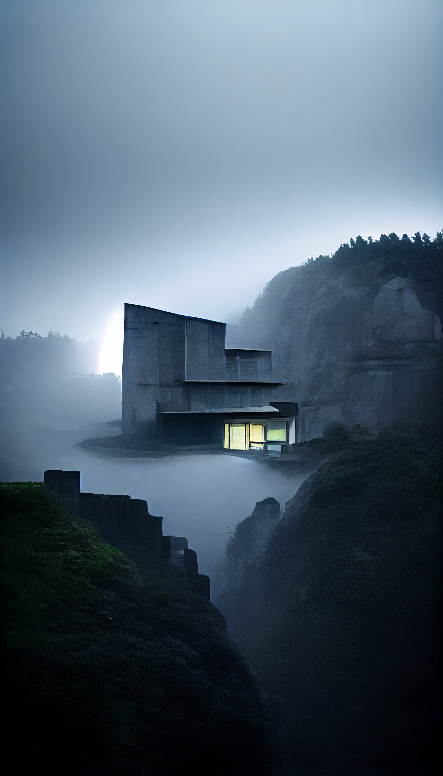 **tadao ando brutalism house on a cliff in the dark surrounded by foggy lights --w 1080 --h 1920 --upbeta** - Upscaled (Beta) by <@956866923587596328> (fast)