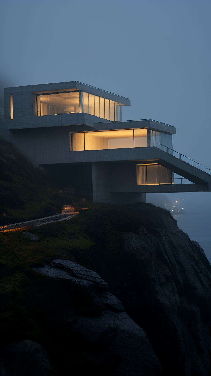 **tadao ando brutalism house on a cliff in the dark surrounded by foggy lights --ar 9:16** - Image #2 <@956866923587596328>