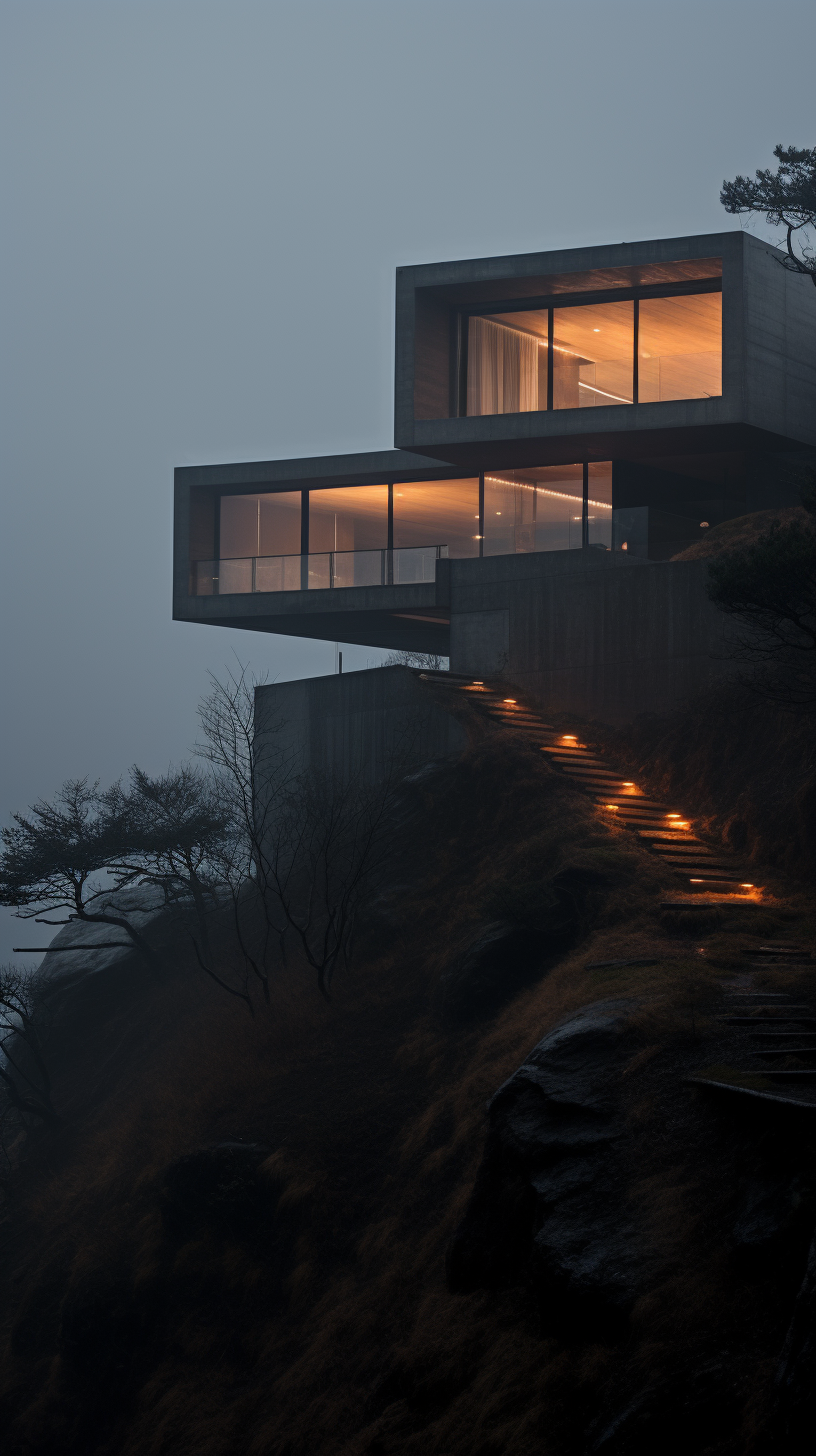 **tadao ando brutalism house on a cliff in the dark surrounded by foggy lights --ar 9:16** - Image #4 <@956866923587596328>